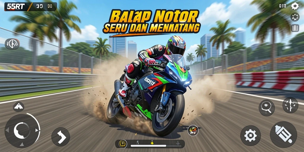 Tampilan gameplay seru dalam balapan motor di 55RT.