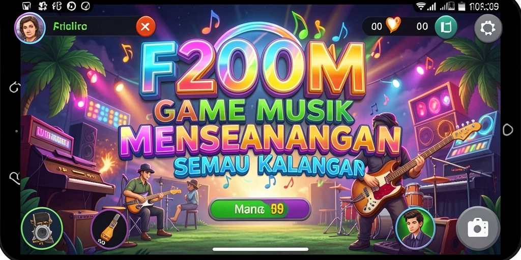 Screenshot gameplay F200M yang menampilkan suasana bermain musik yang seru.