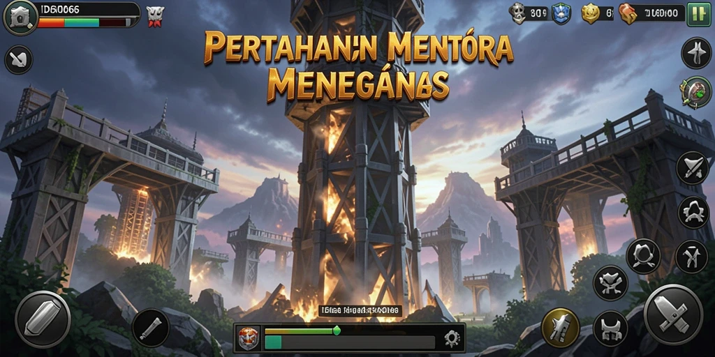 Screenshot menampilkan aksi menara pertahanan melawan gelombang musuh.