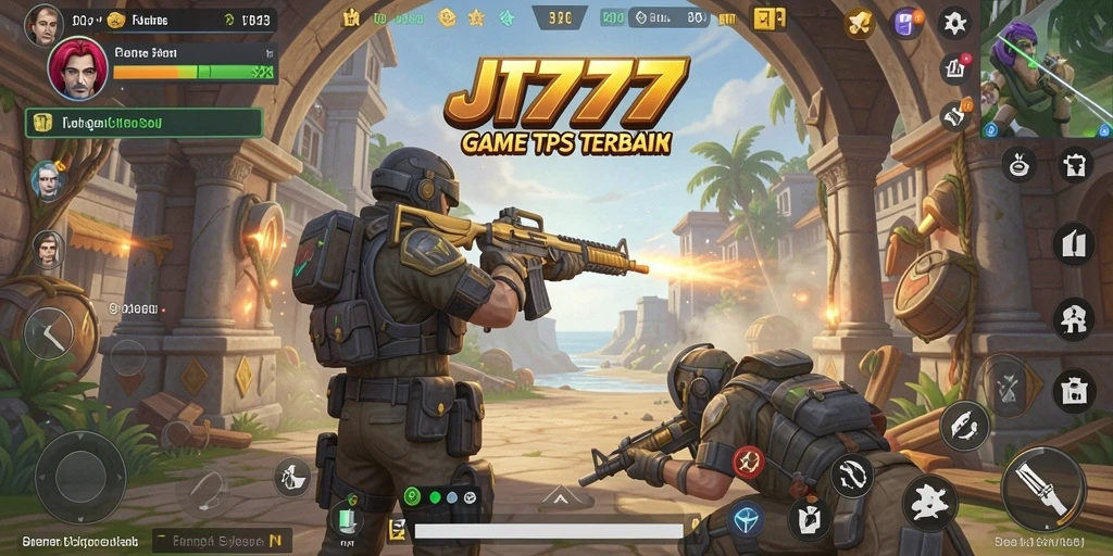 Screenshot utama JT777 menampilkan aksi pertempuran seru dalam game TPS.