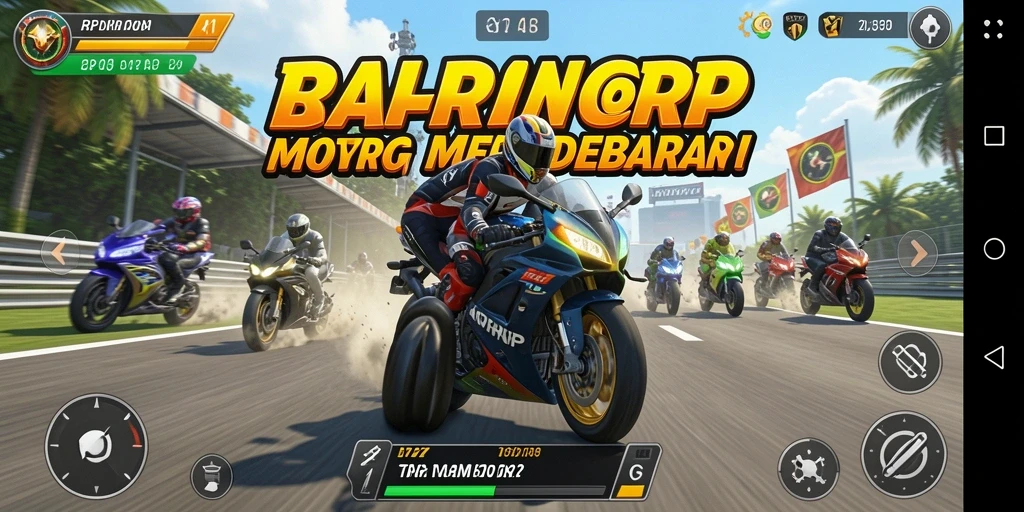 Tangkapan layar game RPRPRP menunjukkan aksi balapan motor yang intens.