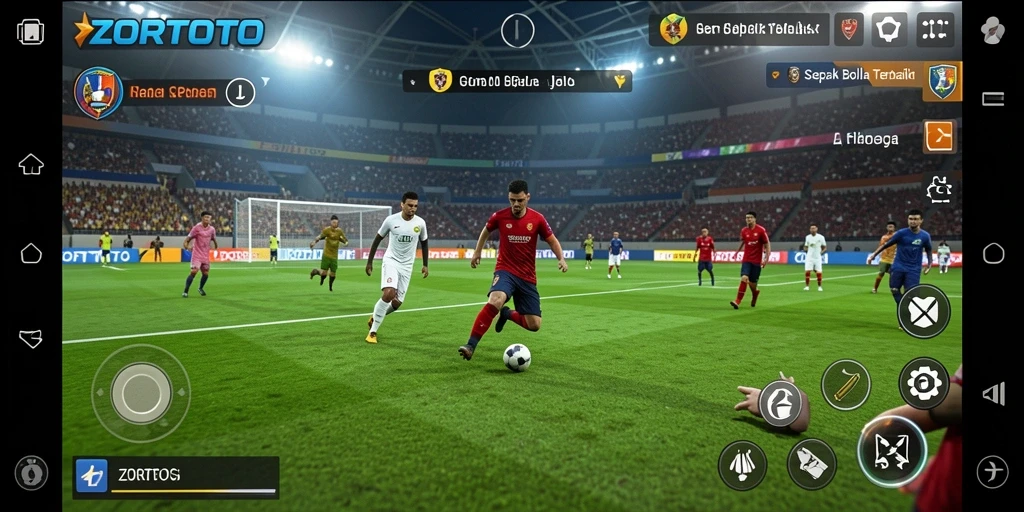 Screenshot utama ZORTOTO menampilkan aksi intens di lapangan sepak bola.